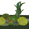 Colorful Garden Flowers and Plants Featuring Yellow Shrubs Green Spherical Plants and Purple White Blooms