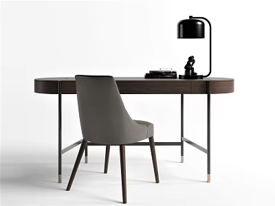Modern Wooden Desk With Metal Legs Black Table Lamp And Gray Chair 3d model