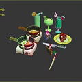 Fresh Fried Eggs in Frying Pans with Green Drinks Cake on Yellow Plate and Knives
