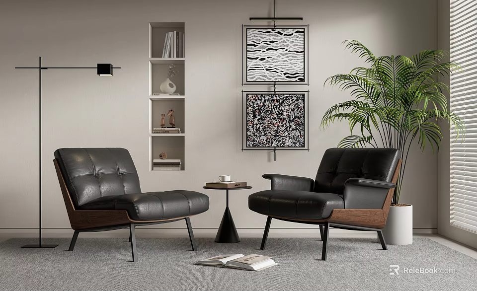 Leisure Sofa Set with Black Leather Armchairs Living Room Decorative Paintings Potted Plant and Shelves 3d model 
