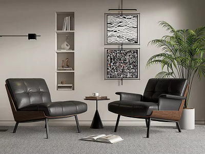 Leisure Sofa Set with Black Leather Armchairs Living Room Decorative Paintings Potted Plant and Shelves 3d model