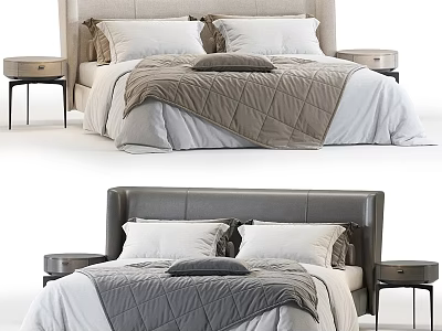Elegant Double Bed Design With Beige Gray Headboard White Gray Bedding And Nightstands 3d model