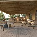 Tropical Style Thatched Roof Outdoor Patio With Wooden Deck Dining Sets And Functional Open Kitchen