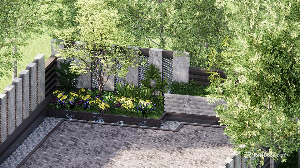 Serene Courtyard Garden Design With Lush Green Plants Colorful Flowers And Stone Pathway 3d model 