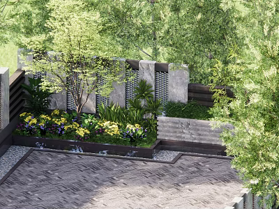 Serene Courtyard Garden Design With Lush Green Plants Colorful Flowers And Stone Pathway 3d model
