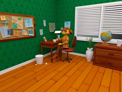 Cozy Indoor Scene With Green Wallpaper Wooden Bulletin Board Desk Lamp Globe And Window Blinds 3d model