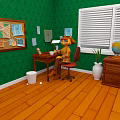 Cozy Indoor Scene With Green Wallpaper Wooden Bulletin Board Desk Lamp Globe And Window Blinds