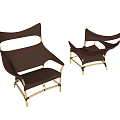 Two Modern Brown Leather Lounge Chairs With Gold Metal Frame Design