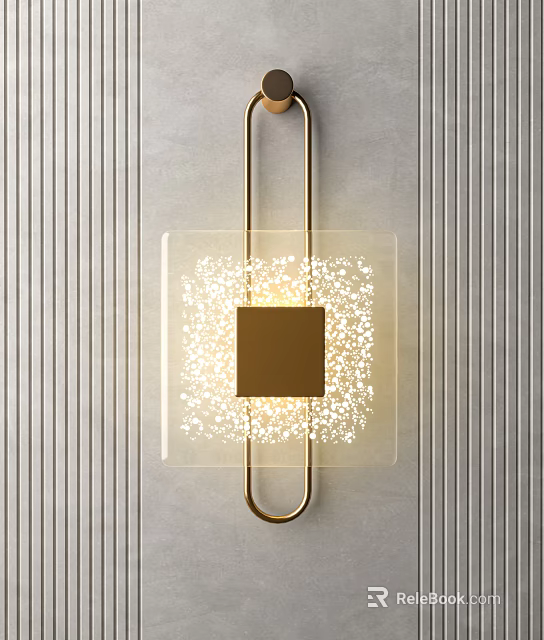 Modern Gold Frame Wall Light With Transparent Panel And Sparkling Light On Gray Striped Wall 3d model 