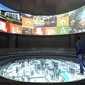 Interactive Exhibition Hall Featuring Circular Platform City Model Large Screen Visuals And People Observing 3d model
