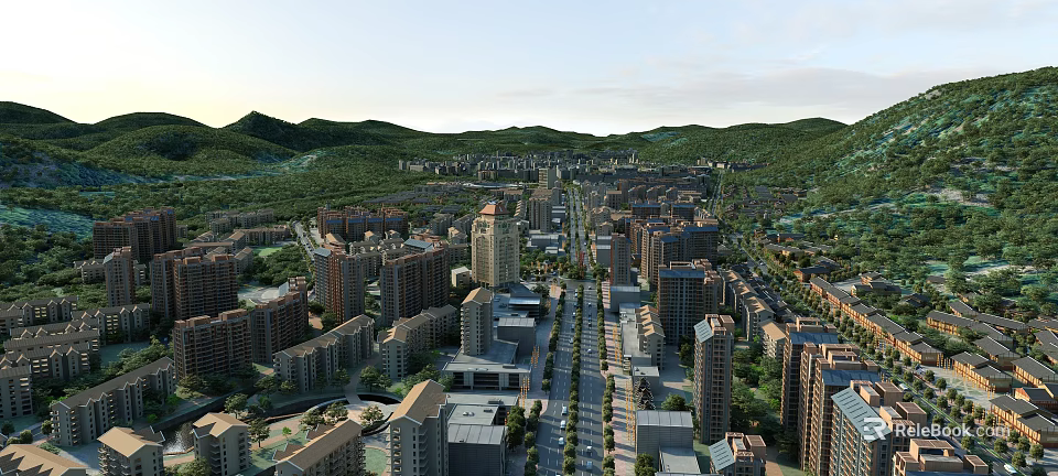 Aerial View Urban Planning With High Rise Buildings Greenery And Mountain Backdrop 3d model 