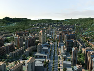 Aerial View Urban Planning With High Rise Buildings Greenery And Mountain Backdrop 3d model