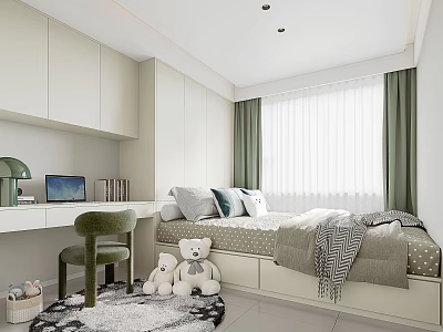 Tatami Bedroom Interior With Storage Bed Desk Chair Green Curtains And Stuffed Toys 3d model