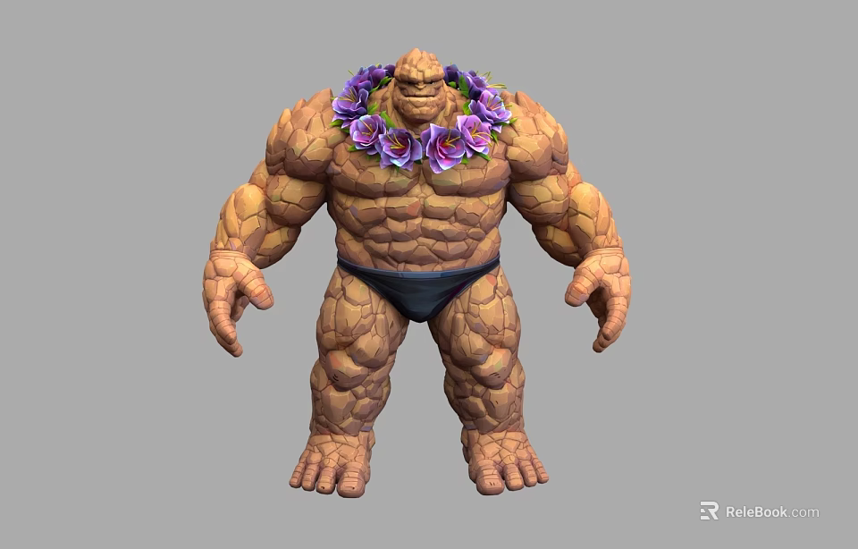 Game Movie Character With Stone Skin Muscular Build Purple Flower Garland And Black Shorts 3d model 