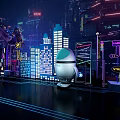 Cyberpunk Night Cityscape With Neon Lit Tall Buildings Mechanical Creature And White Robot 3d model