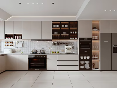 Modern Kitchen Interior With White Cabinets Oven Refrigerator And Tile Backsplash 3d model