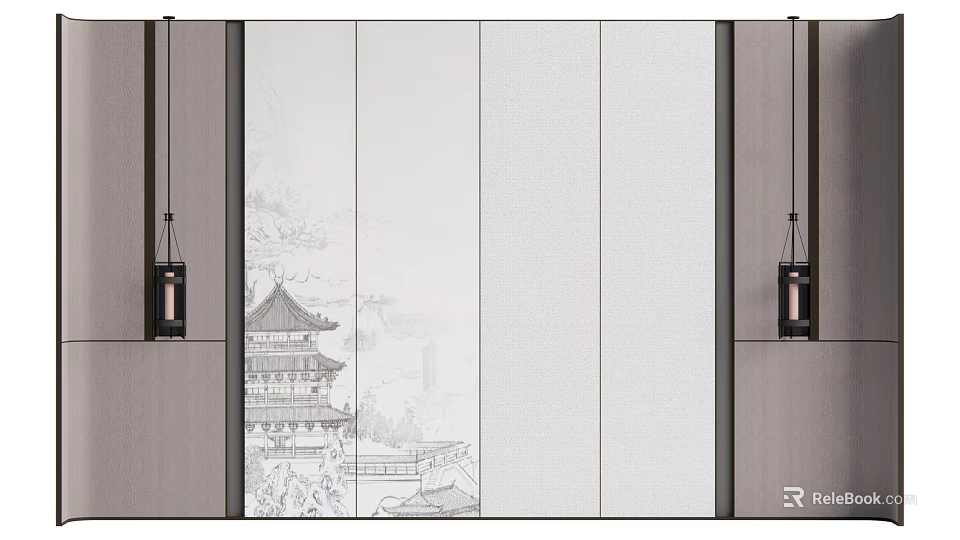Background Wall With Chinese Ink Painting Ancient Building Light Panels Black Lamps And Gray Cabinets 3d model 