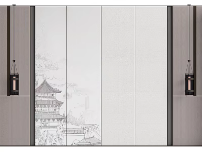 Background Wall With Chinese Ink Painting Ancient Building Light Panels Black Lamps And Gray Cabinets 3d model