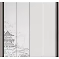 Background Wall With Chinese Ink Painting Ancient Building Light Panels Black Lamps And Gray Cabinets