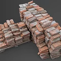 Stacked Red Bricks Piled On Wooden Pallets With Dirt And Debris
