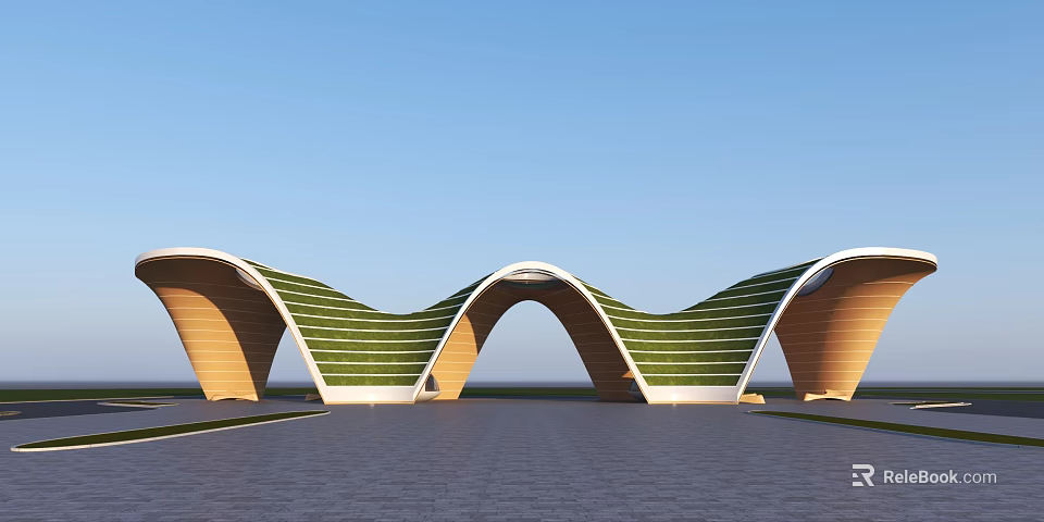Modern Green Curved Building Facade With Sustainable Panel Design And Architectural Arches 3d model 