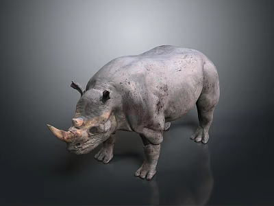 Gray Rhinoceros Sculpture Standing With Textured Skin Single Horn And Dark Background 3d model