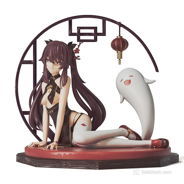 Chinese Style Female Figure Sculpture With Long Hair White Ghost Lantern Plum Blossom Red Base 3d model 