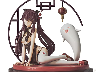 Chinese Style Female Figure Sculpture With Long Hair White Ghost Lantern Plum Blossom Red Base 3d model