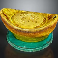 Traditional Gold Ingot Shaped Jewelry with Intricate Carved Characters on Green Display Base