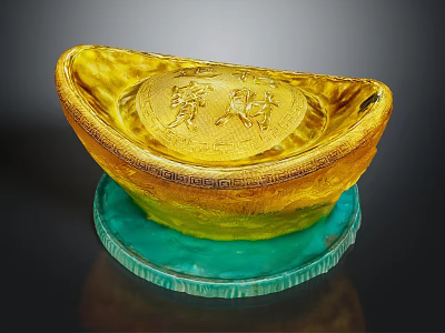 Traditional Gold Ingot Shaped Jewelry with Intricate Carved Characters on Green Display Base 3d model