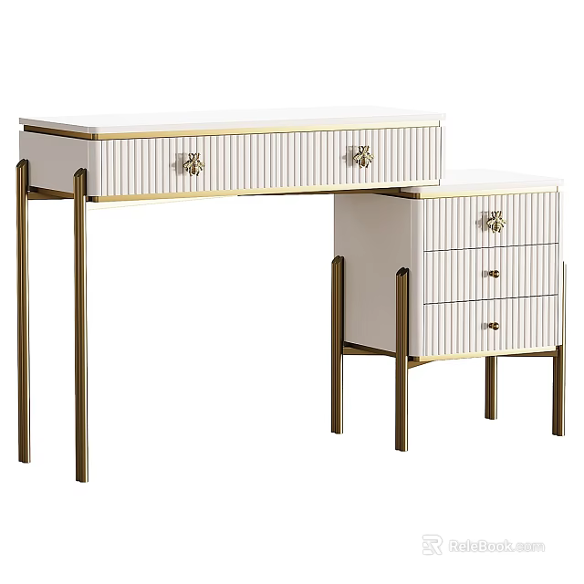 Elegant Modern Vanity Table With White Surface Gold Metal Legs And Drawers 3d model 