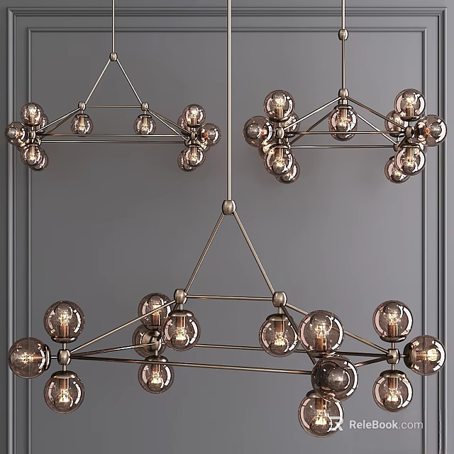 Three Modern Geometric Chandeliers with Sleek Metal Frame and Clear Glass Globes 3d model 