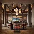 Elegant New Chinese Style Private Dining Booth With Natural Wood Structure And Soft Ambient Lighting
