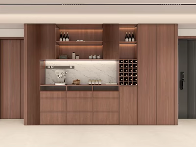 Modern Walnut Sideboard Featuring Wine Storage Marble Countertop Cabinets and Open Shelves 3d model