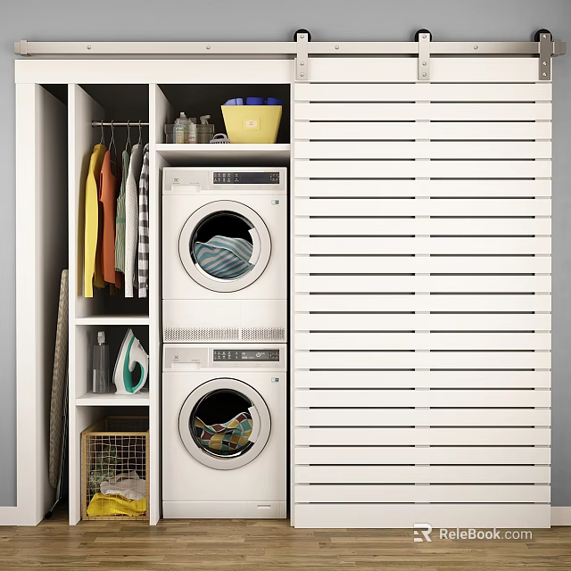 Organized Laundry Space With Stacked Washer Dryer Wardrobe And Storage Baskets 3d model 