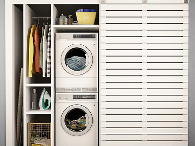 Organized Laundry Space With Stacked Washer Dryer Wardrobe And Storage Baskets 3d model