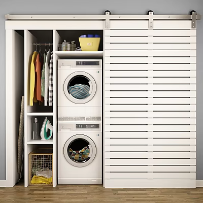 Organized Laundry Space With Stacked Washer Dryer Wardrobe And Storage Baskets 3d model