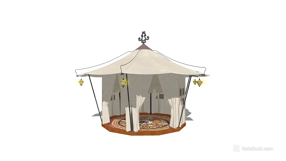 White Decorative Top Tent With Hanging Lanterns Patterned Carpet And Surrounding White Draperies 3d model 