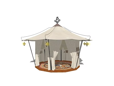 White Decorative Top Tent With Hanging Lanterns Patterned Carpet And Surrounding White Draperies 3d model