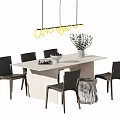 Modern Rectangular Dining Table Set With Black Chairs Pendant Lights And Potted Plants 3d model