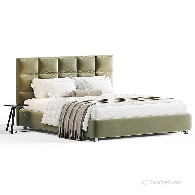 Green Upholstered Double Bed with White Pillows Gray Blanket and Side Table 3d model