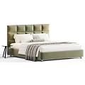 Green Upholstered Double Bed with White Pillows Gray Blanket and Side Table 3d model