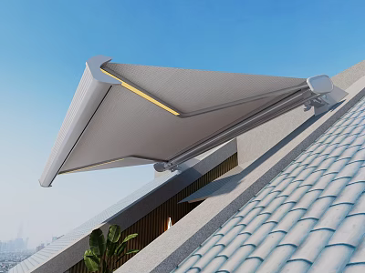 Modern Retractable Roof Awning With Blue Sky City View And Green Plant 3d model