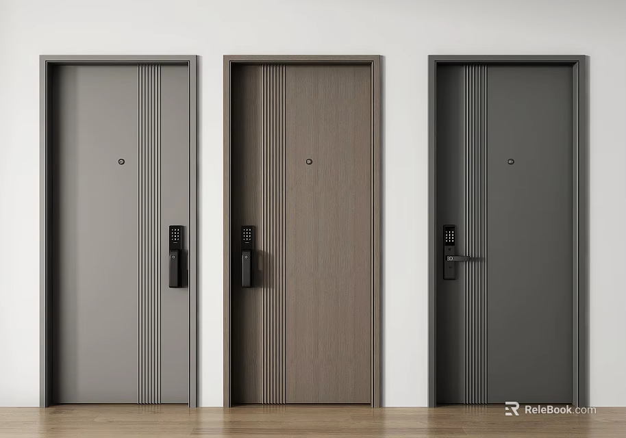 Modern Security Doors With Three Different Colored Wood Grain Vertical Stripes And Secure Locks 3d model