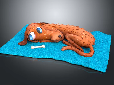 Cute Cartoon Brown Dog Lying On Soft Blue Blanket With Bone 3d model