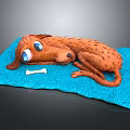 Cute Cartoon Brown Dog Lying On Soft Blue Blanket With Bone