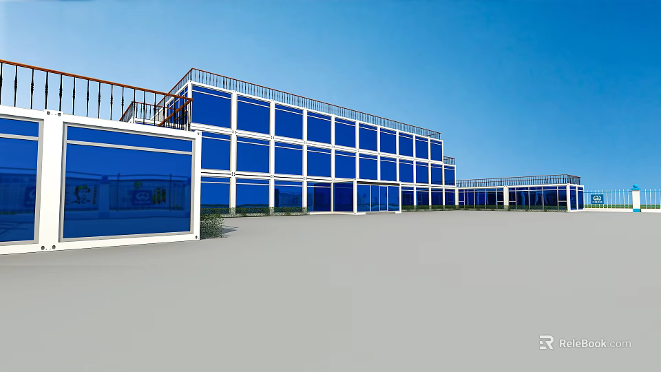 Modern Blue Container Building Exterior With Multi Storey Structure And Balcony 3d model