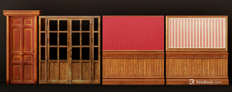 Vintage Wooden Double Doors With Glass Panels Red Patterned Wallpaper And Wooden Wainscoting 3d model 