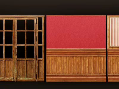 Vintage Wooden Double Doors With Glass Panels Red Patterned Wallpaper And Wooden Wainscoting 3d model