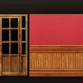 Vintage Wooden Double Doors With Glass Panels Red Patterned Wallpaper And Wooden Wainscoting
